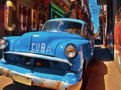 Holzschild 30x40 cm - Kuba Auto blauer Oldtimer