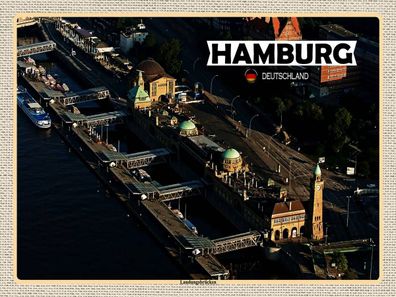 Holzschild 30x40 cm - Hamburg Blick auf Landungsbrücken
