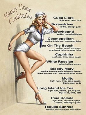 Holzschild 30x40 cm - Pin Up Happy Hour Cocktails Mojito