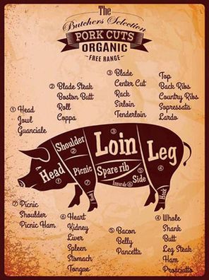Holzschild 30x40 cm - Metzger Pork cuts Organic free Schwein