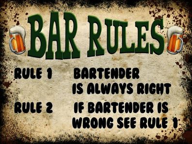 Blechschild 30x40 cm - Bier Bar Rules Bartender always