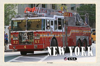 Holzschild 18x12 cm - New York USA Fire Engine Feuerwehrauto