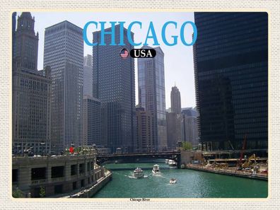 Holzschild 30x40 cm - Chicago USA Chicago River Fluss Hochhäuser