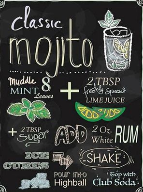 Blechschild 30x40 cm - Rezept classic mojito white Rum Soda