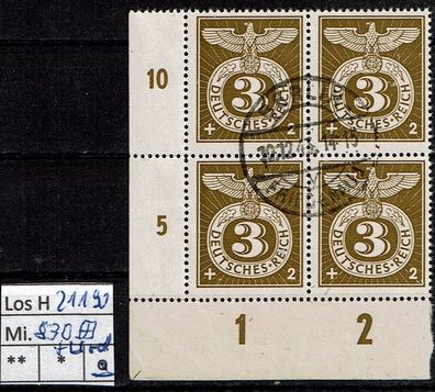 Los H21190: Deutsches Reich Mi. 830, gest. Eckrand Viererblock