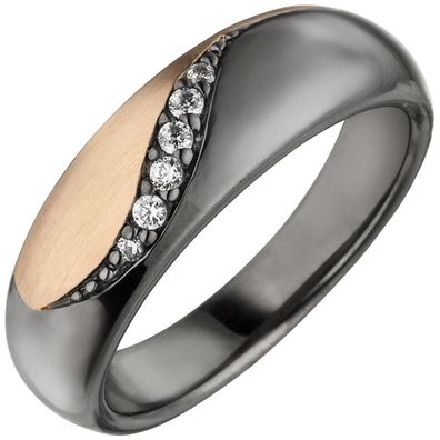 Damen Ring 925 Sterling Silber schwarz und ros&eacute; gold bicolor 6 Zirkonia