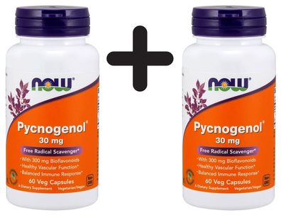 2 x NOW Foods Pycnogenol, 30mg with 300mg Bioflavonoids - 60 vcaps