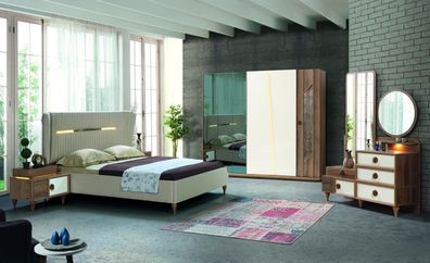 Schlafzimmer Set Bett 2? Nachttische 5tlg Design Textil Holz Kleiderschrank