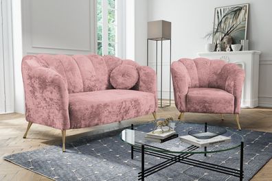 Muschelsofa 155 cm Anna Couchgarnitur Sessel Wohnzimmer Set Samt Gold mehr Farben