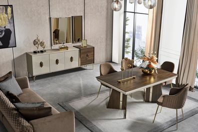 Luxuriöses Esszimmer Set Stilvoler Esstisch 6x Stühle Sideboard Spiegel