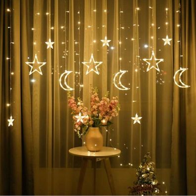 LED Sterne Mond Lichtervorhang Weihnachtsbeleuchtung Lichterkette Fenster Deko