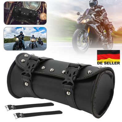 Fér Motorrad Werkzeugrolle Tool Bag LEDER Lenker Tasche Chopper Schwarz NEU