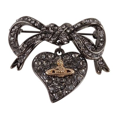 Vintage Art Deco Look Heart Bow Brooch Antique Gray Gold Crystal Pin Ball Gift