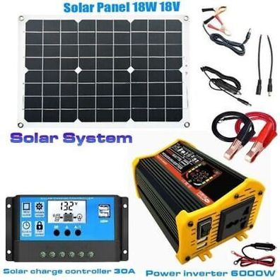 12V bis 220V Solarsystem 6000W Wechselrichter Set Solarpanel + 30A Controller