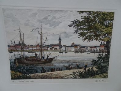 Bild : Düsseldorf um 1840 Original Radierung von W Peters Rhein Blick Altstadt
