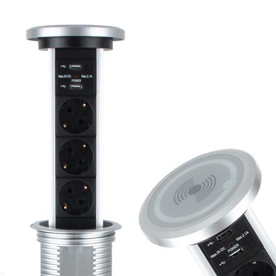 TecLines TVS006S versenkbare 3-fach Steckdosenleiste mit 2x USB, Qi, silber