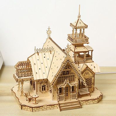 DIY 3D Holz Puzzle Puzzles fér Erwachsene Beleuchtete Villa Bausätze Weihnachts