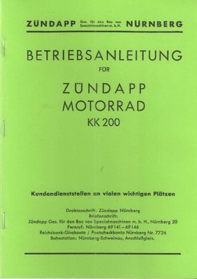 Betriebsanleitung für Zündapp Motorrad KK 200 Oldtimer