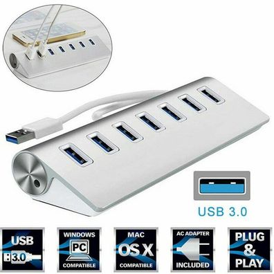 7 Port Aktiv USB 3.0 HUB Verteiler Splitter 5 Gbit/ s Datenhub fér PC Laptop Mac