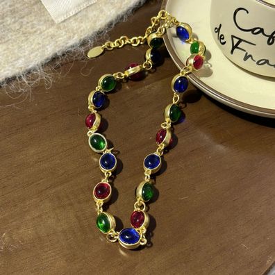 Regenbogen-Glas im Vintage-Stil, lange Halskette, Lénette, Gelee-Glas-Cabochons