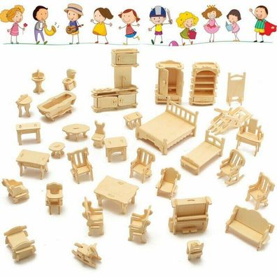 34tlg. dollhouse Holz Möbelset Kinder Miniatur Puppenmöbel Puppenhaus Zubehör