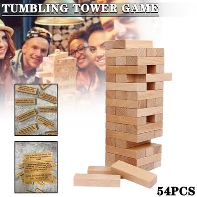 54PCS Questions Tumbling Tower Game Giant Wood Stacking Game Family Party A