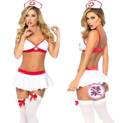 Damen Sexy Dessous Krankenschwester Maid Kostém Cosplay Nachtwäsche 3 teiliges