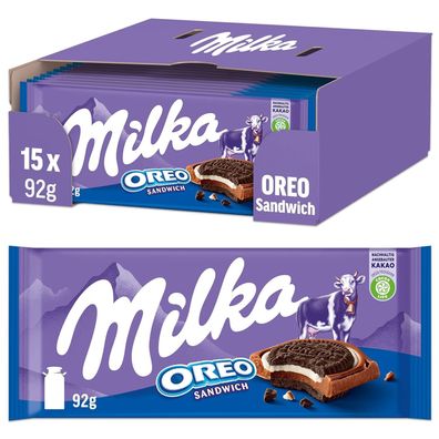 Milka OREO Sandwich Tafelschokolade 15 x 92g, Zarte Milka Alpenmilch Schokolade