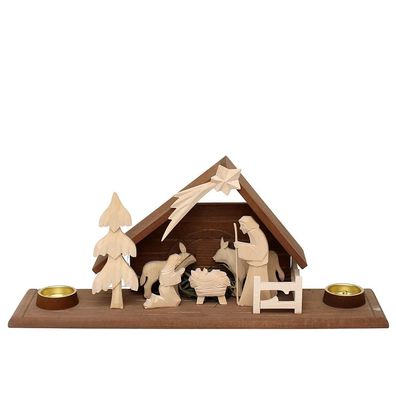 Holz Krippe Heilige Familie mit 2 Teelichthaltern (Flachschnitzerei), natur/ braun