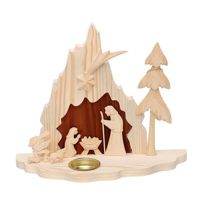 Holz Krippe Heilige Familie groß mit Teelichthalter (Flachschnitzerei), natur/ braun