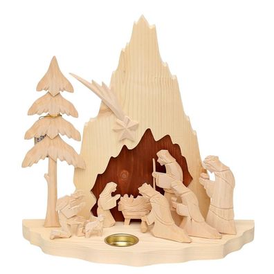 Holz-Krippe Heilige Familie groß mit Teelichthalter, natur/ braun