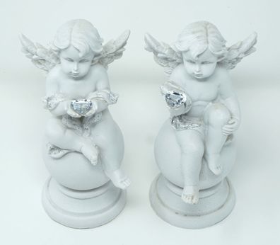 Engelfigur sitzend auf Kugel 2 Stück weiß Angel Skulptur Engel Putte Schutzengel
