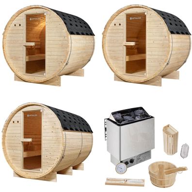 Outdoor Holz Fasssauna Saunafass 3 Größen Komplett SET mit Sauna Ofen + LED + Zubehör