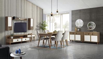 Esszimmer Set Tisch 4x Stühle Anrichte Set Garnitur Design Holz Textil