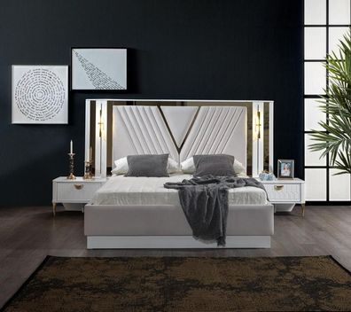 Bett 2X Nachttisch Schlafzimmer Doppel Luxus weiß Design neu Modern