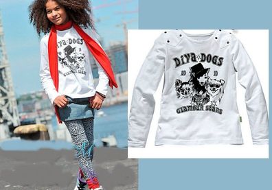 Tolles Mädchen Girls Langarm Shirt Diva Dogs Print weiß schwarz Top 116/122 NEU