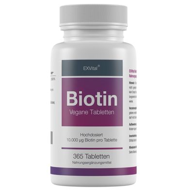 Biotin für Haare, Haut, Fingernägel, hochdosiert, 10.000 µg, 365 Tabletten EXVital