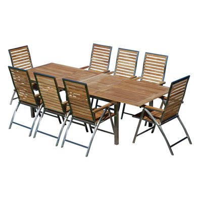 Gartengarnitur Edelstahl Teak Set Tisch 200/280 x100 cm + 8 Hochlehner Teak Holz
