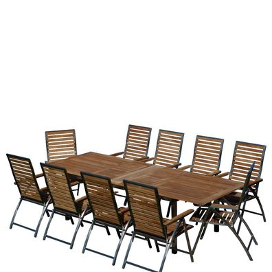 Gartengarnitur Edelstahl Teak Set Tisch 200/280 x100 cm + 10 Hochlehner Teakholz
