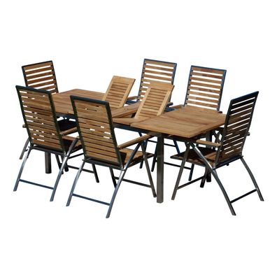 Gartengarnitur Edelstahl Teak Set Tisch 160/220 x 90 cm + 6 Hochlehner Teak Holz