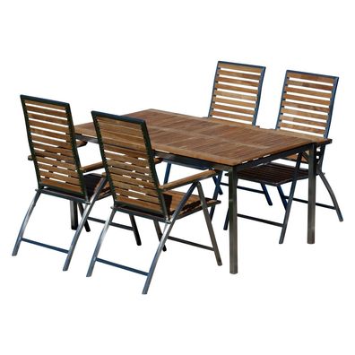 Gartengarnitur Edelstahl Teak Set: Tisch 160x90 cm + 4 Hochlehner 1A - Teak Holz