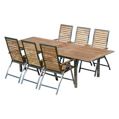 Gartengarnitur Edelstahl Teak Set Tisch 200/280 x100 cm + 6 Hochlehner Teak Holz