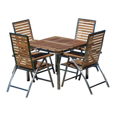 Gartengarnitur Edelstahl Teak Set: Tisch 90x90 cm + 4 Hochlehner 1A - Teak Holz