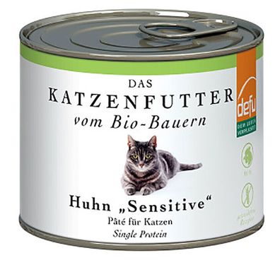Auverkauf! 12x200g DEFU Bio Katze Senstitiv Pâté - Huhn Katzen­fut­ter