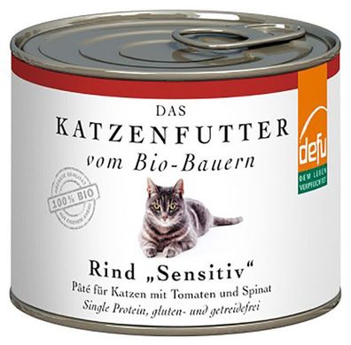 Auverkauf! 12x200g DEFU Bio Katze Senstitiv Pâté - Rind Katzen­fut­ter
