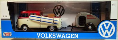 Motor Max 79673 1959 Volkswagen VW T 1 Bulli DoKa m. Surfbrett & Trailer 1:24