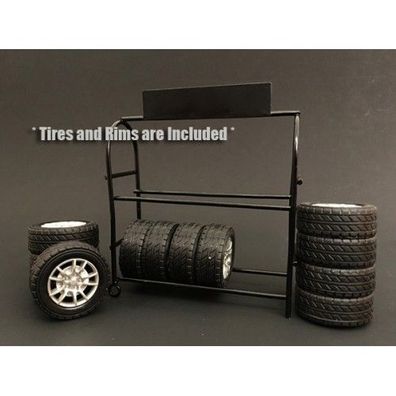 77530 American Diorama Metal Tire Rack Reifen Felgen Regal kplt. 8 Reifen, 1:24