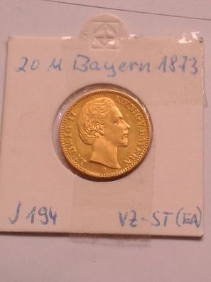20 Mark 1873 Kaiserreich Bayern Ludwig II. König von Bayern 7,97g Gold 900er vz-st