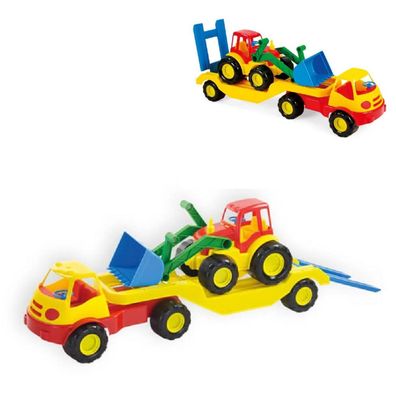 Mochtoys Spielzeug LKW 10001 mit Tieflader, Radlader und Laderampe 61 x 16 cm