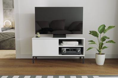 BETTSO RTV Schrank TV-Tisch mit Tür auf Schwarzbeinen CLAW 100 cm Weiß